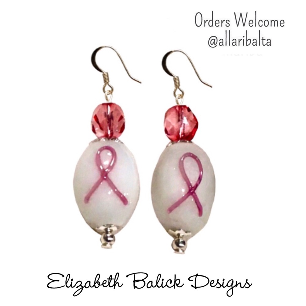 Handmade Lampwork Glass Breast Cancer Awareness Earrings, EB Designs, 1 Pair NEW - Picture 3 of 10